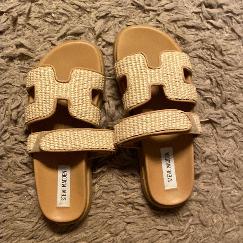 Steve Madden Tan Double-Strap Sandals. Raffia Mayven Slides
